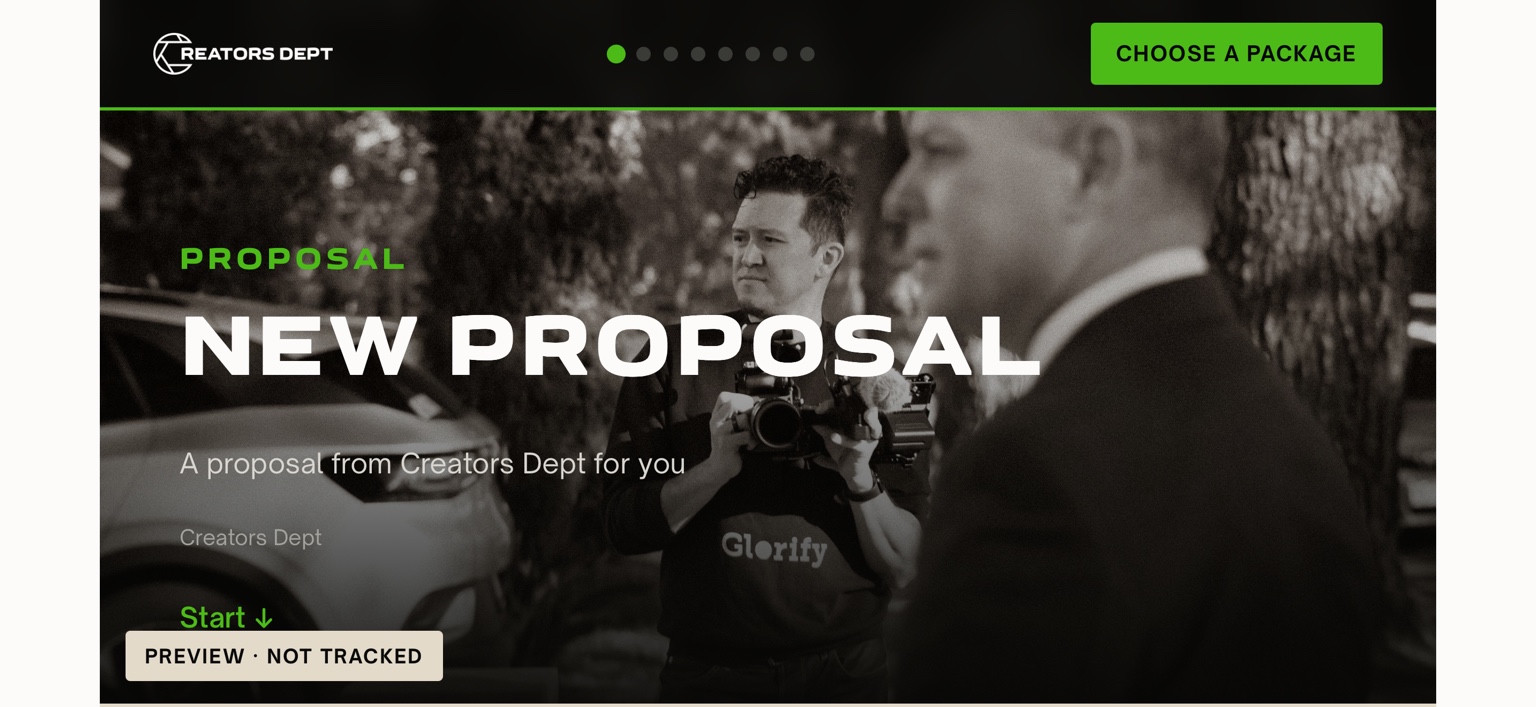 Actual Creators Dept. proposal preview: monochrome behind-the-scenes creative photography, a New Proposal headline and a green Choose a Package button.